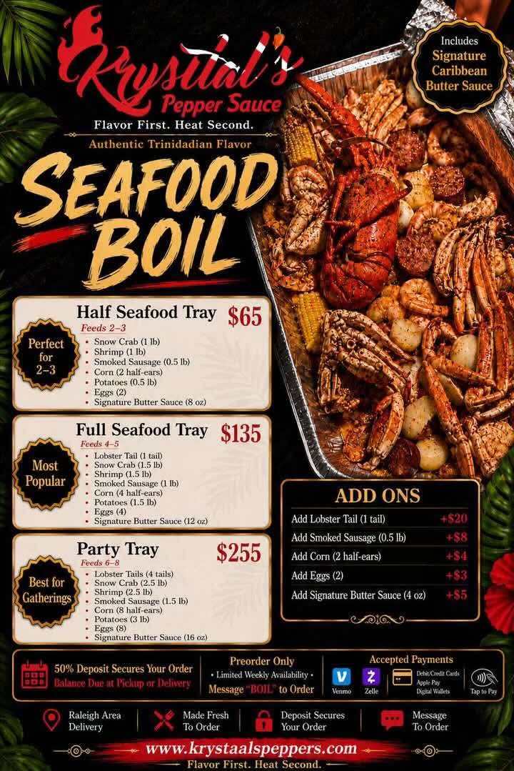 Krystaals Seafood Boil menu showing Half Tray, Full Tray, and Party Tray options with Signature Caribbean Butter Sauce